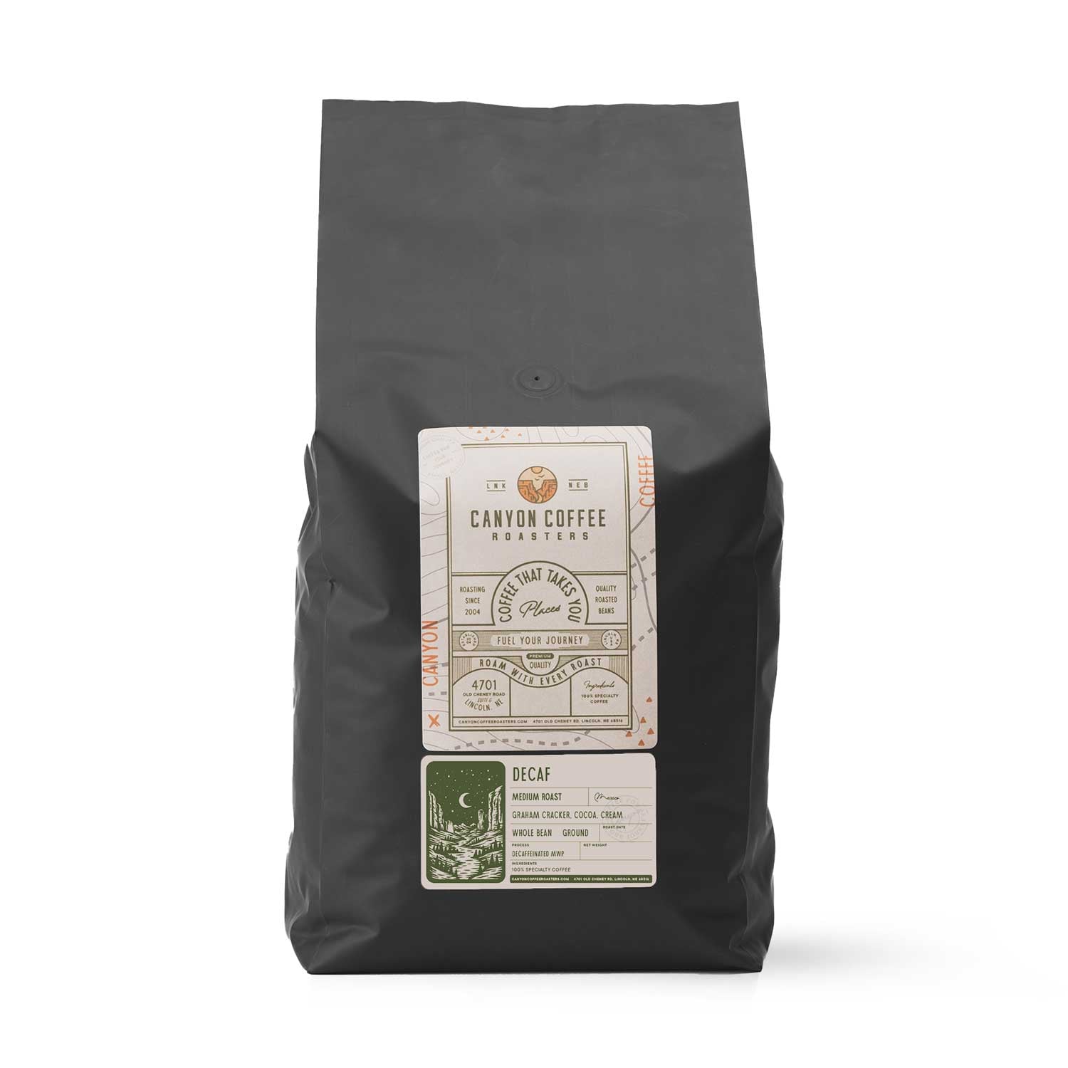 Bag of Canyon Coffee Roasters Decaf Mexico coffee on a white background.