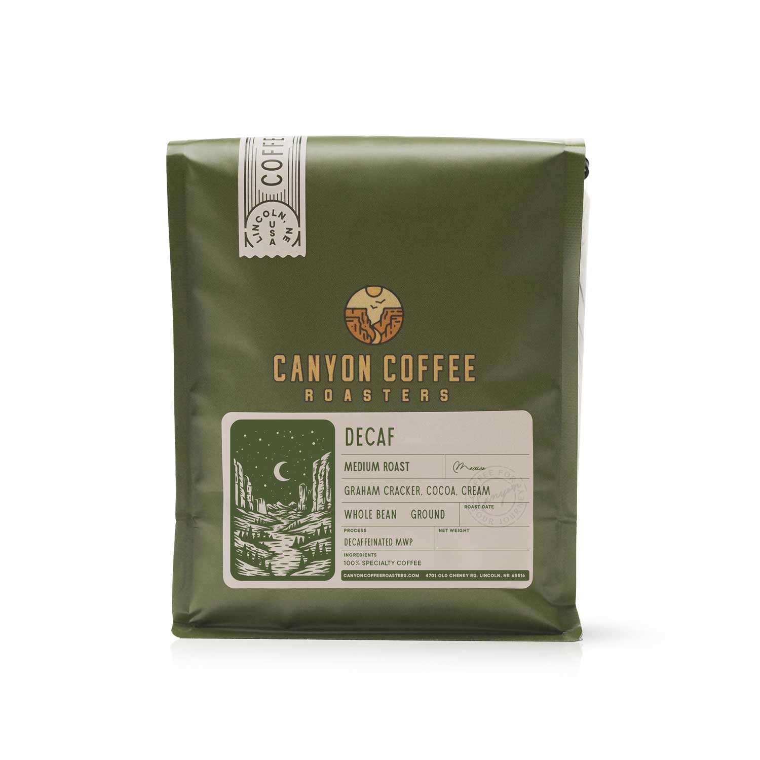 Bag of Canyon Coffee Roasters Decaf Mexico coffee on a white background.